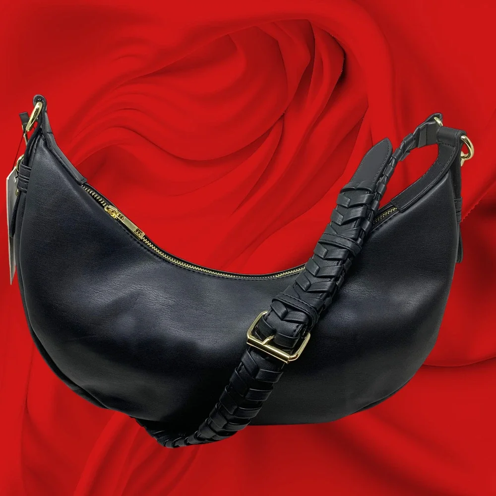 NWT Jules Kae Zola Black Vegan Leather Crescent Hobo Shoulder Bag Braided Strap